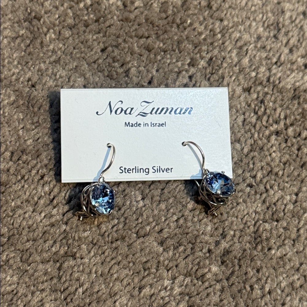 Noa Zuman Sterling Silver Blue Cubic Zirconia Filigree Dangle Earrings Israel